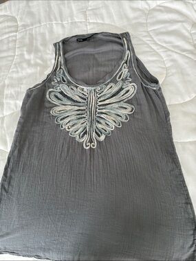 Zara Embroidered Tank Top Blue Grey Boho Sleeveless Blouse